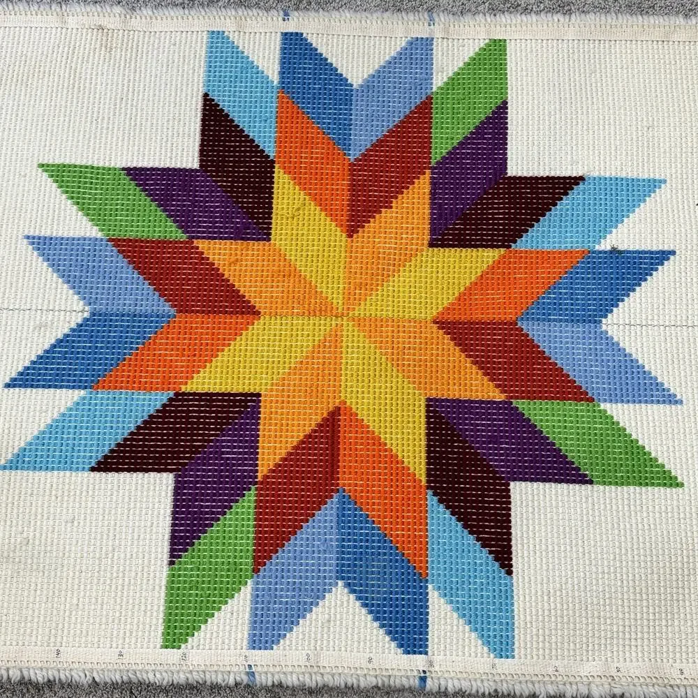 Vintage Latch Hook Accent Rug Quilt Star Pattern Colorful Geometric 17.5